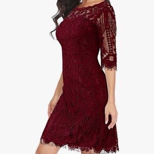 Burgundy Lace Dress with Three-Quarter Sleeves Sz S